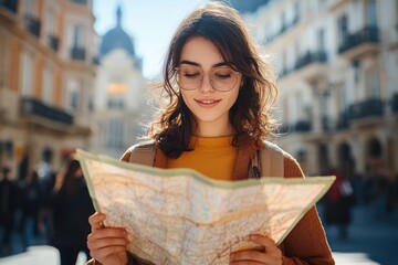 young woman wearing glasses and a brown jacket smiling and looking at a map in a sunlit european city street with historic buildings