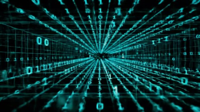 Abstract digital background with binary code and grid lines perspective view