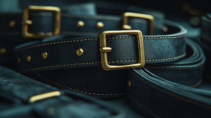 Dark leather belts close-up
