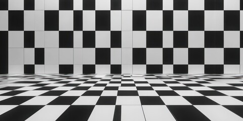 Obraz premium minimalist room with black and white checkered floor and wall pattern creating geometric optical effect