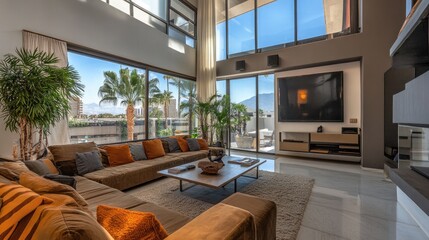 Contemporary loft living room with high ceilings, metal accents, and expansive windows bringing in ample light