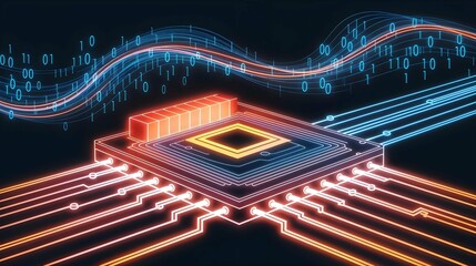  stylized digital illustration representing a microchip or central processing unit (CPU) with data flowing through it. Key elements include: The central chip, Binary code (1s and 0s), Glowing pathways