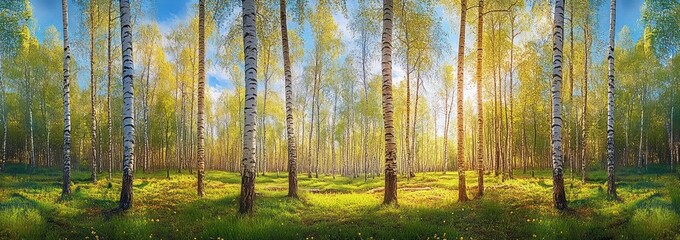 Sunlight filtering through a dense grove of tall birch trees with fresh green leaves in a peaceful forest setting on a clear day