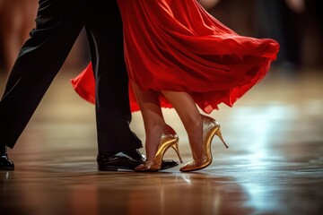Close-up of a dancing couple's legs with a woman wearing a flowing red dress and glittery gold high heels and a man in black dress shoes, capturing grace and elegance