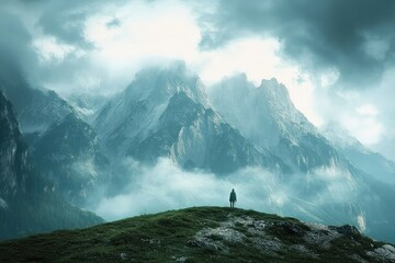 Solitary figure standing on grassy hilltop overlooking misty and towering mountain peaks under dramatic cloudy sky