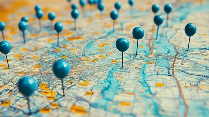 Exploring locations with blue map pins on a detailed geographical map