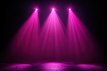 Three vibrant pink spotlights shining downwards illuminating a dark stage with beams spreading and creating glowing circles on the floor