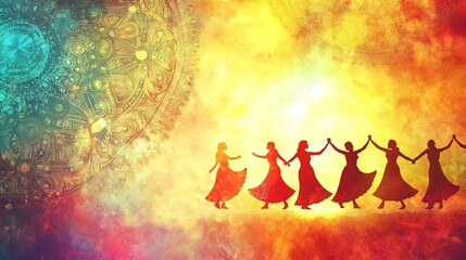 Blank navratri wishcard garba dance silhouettes colorful tones traditional festive elements no text culturally respectful and Adobe Stock compliant