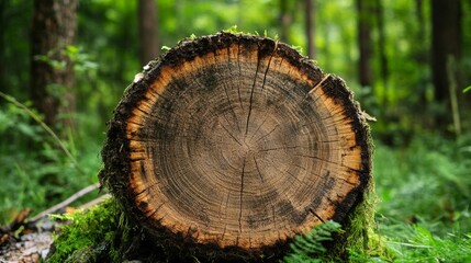 Fototapeta premium Detailed view of a freshly cut tree stump in a vibrant green forest during daylight hours