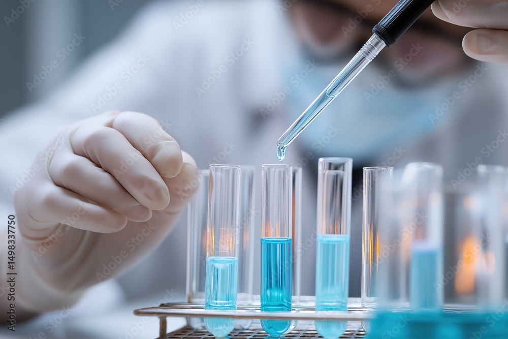 Poster close up of scientist carefully dripping blue liquid into test tube using pipette, conducting experi