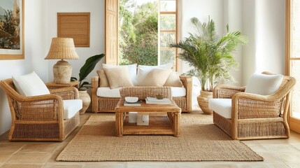 Obraz premium Light-filled room with woven rugs, rattan furniture, and neutral decor exuding cozy elegance