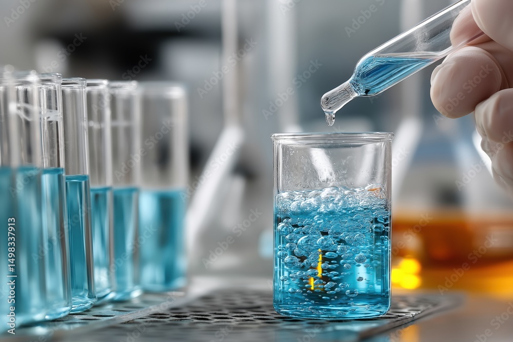 Aufkleber gloved hand using pipette to drip blue liquid into beaker, creating bubbles, with test tubes in the 