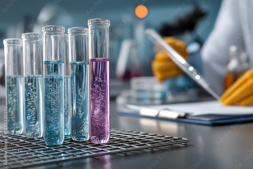 Poster test tubes filled with vibrant blue and purple chemicals are being analyzed by a scientist in a high