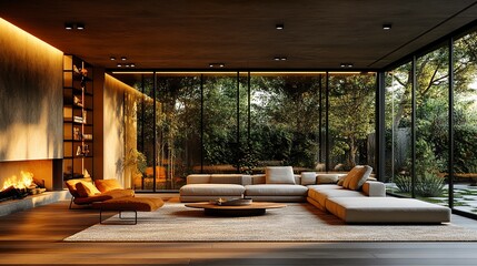 Fototapeta premium Elegant modern interior with minimalist furniture, accent lighting and cozy living room setup, warm tones and natural textures 