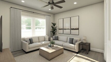 Fototapeta premium Minimal living room with modern artwork, recessed lighting, and a soft color palette for a clean, calming space