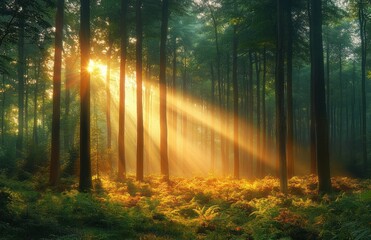 Fototapeta premium Sunlight streaming through tall trees illuminating a lush green forest floor with ferns and plants, creating a peaceful and warm morning atmosphere