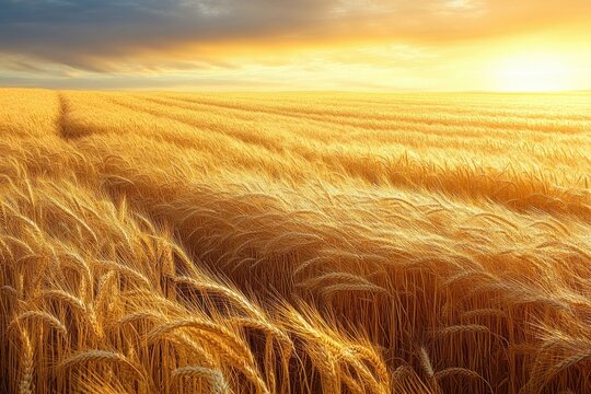 Golden wheat field glowing under a bright sunset sky with soft clouds, evoking warmth and tranquility across the endless farmland