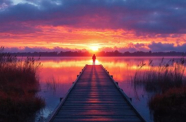 Obraz premium silhouetted person standing at the end of a wooden pier overlooking a calm lake during a vibrant colorful sunset with dramatic clouds and reflections