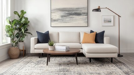 Neutral-toned living room with low-profile furniture, floor lamp, and textured wall art for depth and modernity