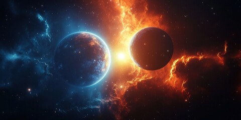 Obraz premium Two planets in deep space illuminated by a bright star with vibrant blue and fiery orange cosmic clouds creating a dramatic and contrasting celestial scene