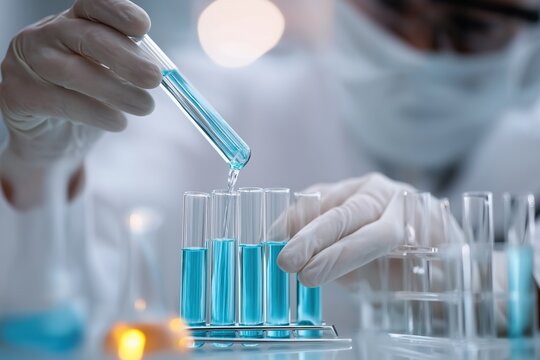 Close up of gloved hands pouring blue liquid into test tubes, conducting scientific experiment in laboratory
