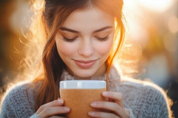 Young woman with closed eyes enjoying a warm drink in a ceramic cup during golden hour outdoor