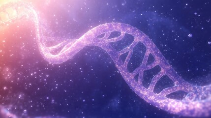 Glowing translucent strand of DNA floating in a dark space filled with particles and illuminated by a warm light source