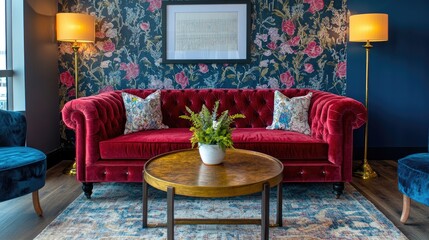 Room with a bold red velvet sofa, round retro coffee table, and accent lighting over patterned wallpaper