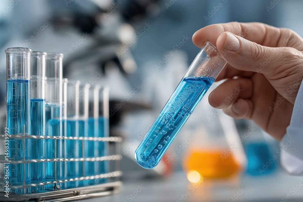 Poster Close up of scientist analyzing blue liquid in test tube, conducting experiment in modern laboratory with microscope in background
