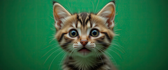 Fototapeta premium Close-up of a wide-eyed tabby kitten staring directly at the camera on vivid green background, studio portrait capturing feline innocence, surprise, and cuteness