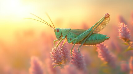 Green grasshopper on grass blade, calm scene with soft yellow blur in background.