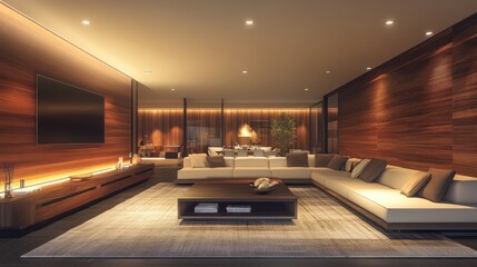 Sophisticated living room with modern wood panel walls, integrated lighting, and low-profile designer furniture