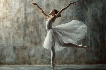 Female ballet dancer in white tutu performing an elegant arabesque pose with arms gracefully extended against a textured gray wall