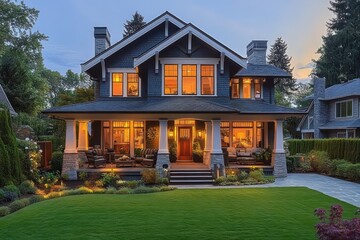 Large two-story house with a spacious front porch glowing warmly in evening light surrounded by landscaped garden and green lawn