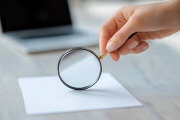 Close-up of a hand holding a magnifying glass over a blank white sheet of paper on a wooden table with a blurred laptop in the background, evoking focus and inspection