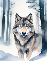 Aquarell-Wolf im winterlichen Wald