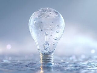 Photorealistic Concept of Transparent Water Light Bulb on Glossy Surface, Creative Eco Energy Idea with Bokeh Background, Futuristic Clean Innovation Design
