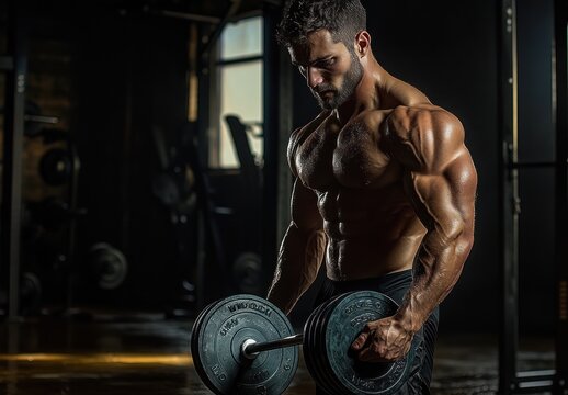 muscular man lifting heavy dumbbell in a dimly lit gym showing focused and determined expression