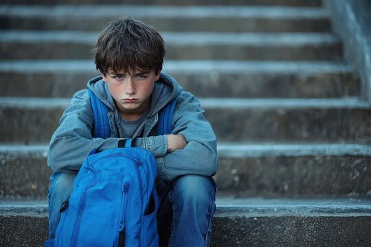 sad young boy with blue backpack sits on outdoor stone steps with arms crossed looking upset and serious