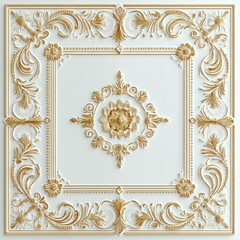 ornate white square decorative ceiling panel with intricate golden floral and scroll motifs centered around a raised flower design