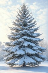 Fototapeta premium Tall evergreen tree covered in fresh white snow standing in a serene winter landscape under a partly cloudy sky