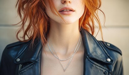 Close-up of a woman with red hair wearing two silver chain necklaces and a black leather jacket with slightly parted lips and soft natural lighting