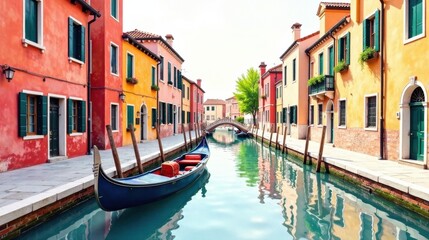 Obraz premium A picturesque canal scene featuring vibrant buildings, a tranquil waterway, and a gondola serenely afloat