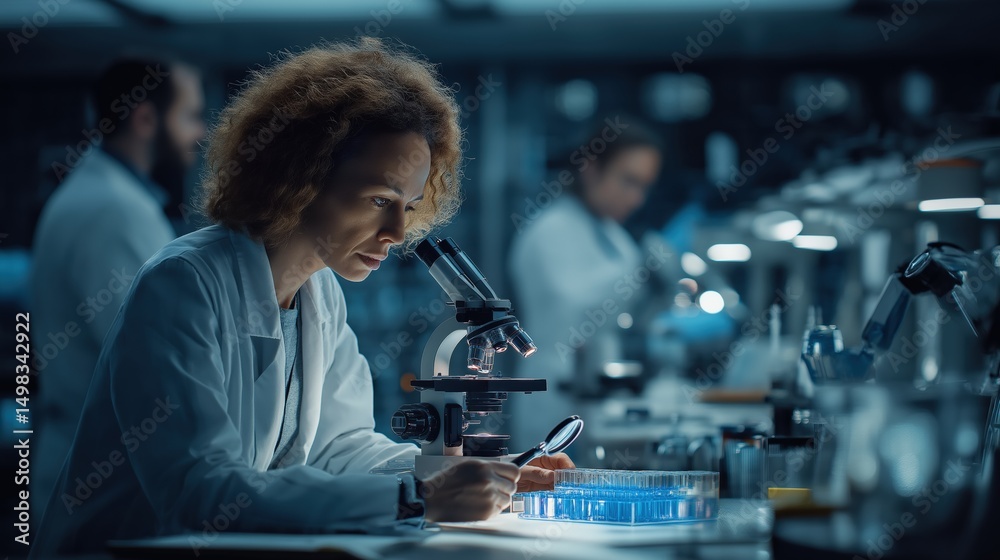 Poster Female scientist using a microscope and magnifying glass, analyzing samples in a modern laboratory with robotic arms