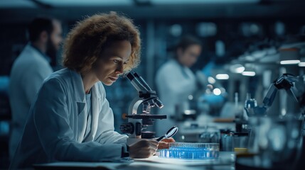 Female scientist using a microscope and magnifying glass, analyzing samples in a modern laboratory with robotic arms