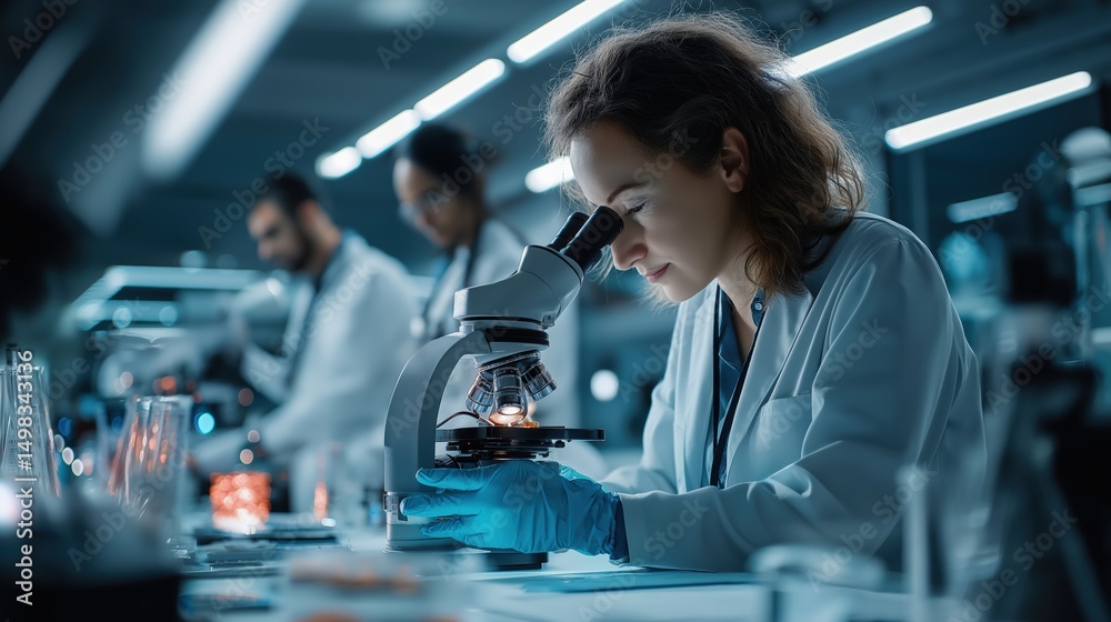 Poster Focused female scientist using microscope, conducting research in modern laboratory with diverse team of colleagues working in the background