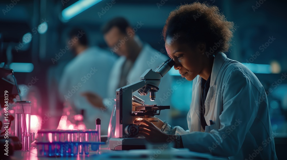 Poster black female scientist using a microscope in a modern laboratory, developing innovative medicine for