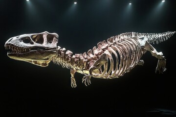 Well-preserved dinosaur skeleton displayed under focused lighting in a dark exhibition space, showcasing detailed skull and ribcage with clawed limbs and long tail