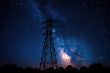 Silhouette of a tall electricity transmission tower against a clear starry night sky with the vibrant Milky Way galaxy visible
