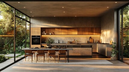 Modern light-filled dining area with sleek kitchen, matte surfaces and mid-century decor, wide-angle shot, soft golden hour glow 